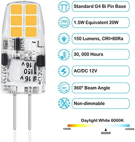 หลอดไฟ LED HANBAAK G4, หลอดไฟ LED G4 LED 1.5W JC BI PIN ฐานหลอด AC/DC 12 โวลต์ G4 หลอดไฟสำหรับแสงภูมิทัศน์กลางวันสีขาว