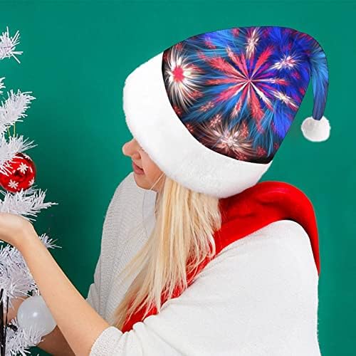 Fireworks Patriotic Plush Christmas Hat Naughty และหมวกซานต้าที่ดีพร้อมปีกหรูหราและการตกแต่ง Xmas ที่สะดวกสบาย