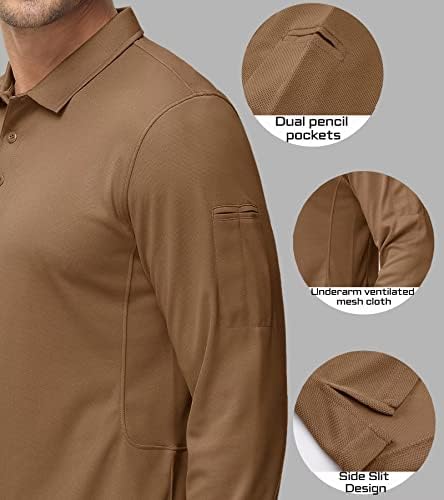 เสื้อโปโลผู้ชาย Magcomsen 3 ปุ่มรวดเร็วประสิทธิภาพแห้งแขนยาวเสื้อยืดยุทธวิธีเสื้อกอล์ฟ Pique Jersey